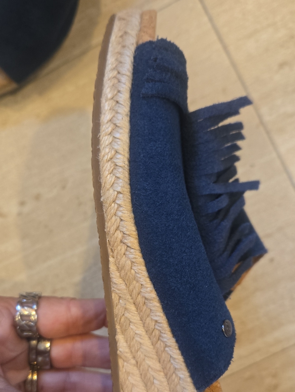 UGG Danes Navy Blue Leather Suede Fringe Wedge Espadrille Sandals - Picture 7 of 14